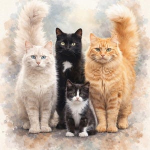May include: A watercolour painting of five cats. There's a white cat with blue eyes, a black cat with a white patch, a black and white kitten, and an orange cat with green eyes. The background has a watercolour effect.