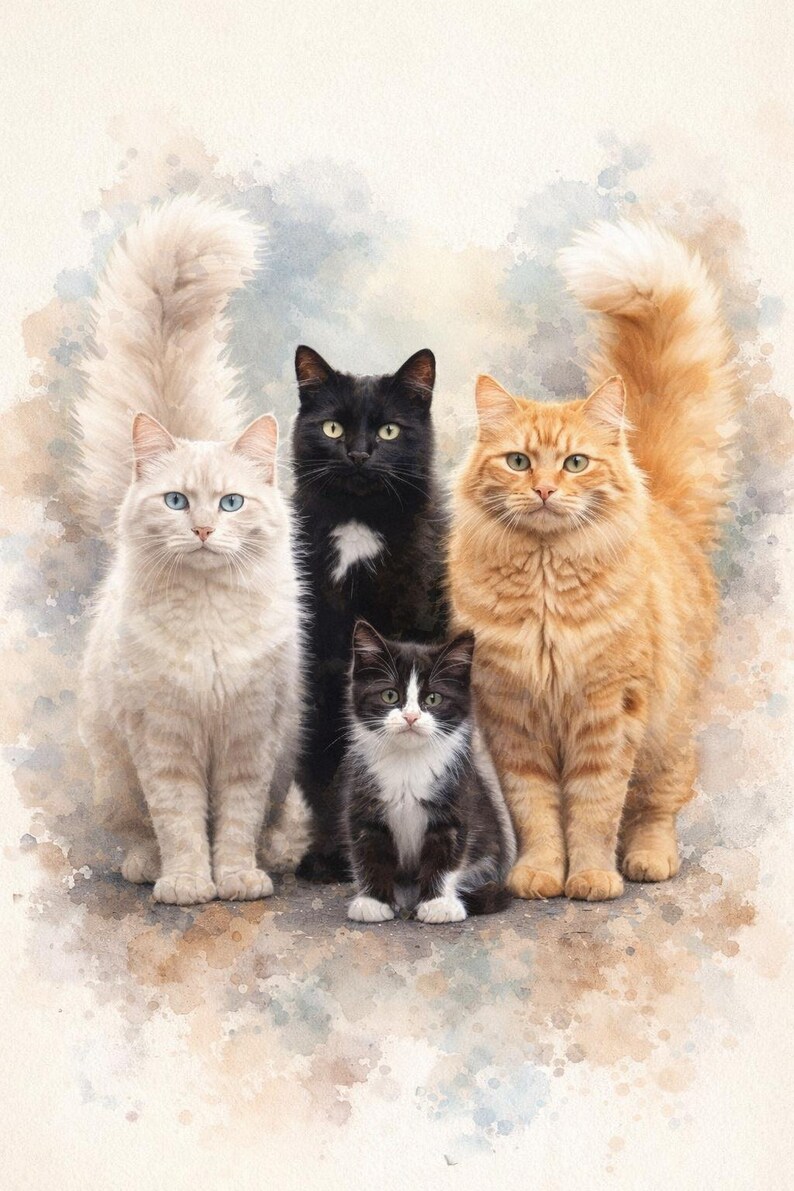 May include: A watercolour painting of five cats. There's a white cat with blue eyes, a black cat with a white patch, a black and white kitten, and an orange cat with green eyes. The background has a watercolour effect.
