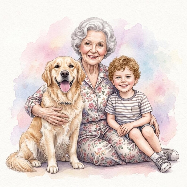 May include: Watercolor illustration of a smiling elderly woman, a young boy, and a golden retriever dog. The woman and boy are seated close together, with the dog sitting in front. The woman wears floral pajamas, and the boy wears a striped shirt.