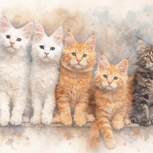 May include: Watercolour painting of five Maine Coon kittens. Two white kittens with blue eyes are on the left, followed by three ginger kittens and a grey tabby kitten. The background has watercolour paint splatters.