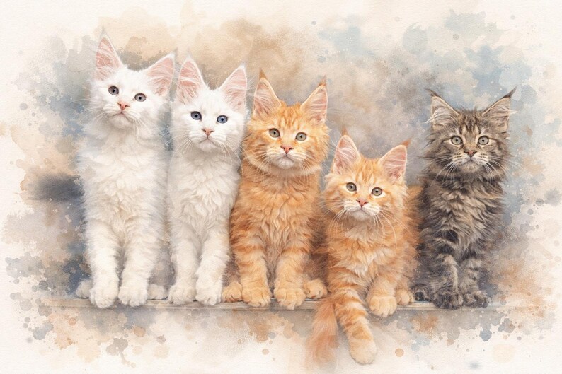 May include: Watercolour painting of five Maine Coon kittens. Two white kittens with blue eyes are on the left, followed by three ginger kittens and a grey tabby kitten. The background has watercolour paint splatters.