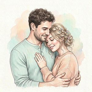 May include: Watercolor illustration of a couple embracing. The man wears a light blue Henley shirt, and the woman wears a peach-colored sweater. The woman has blonde hair adorned with flowers. The background features soft watercolor washes.