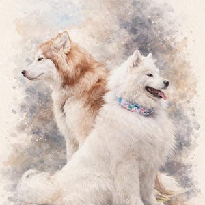 May include: A watercolour painting featuring two dogs. One is a light brown and white husky, the other a white Samoyed wearing a colourful collar. The dogs are positioned side by side, with the husky looking left and the Samoyed looking right.