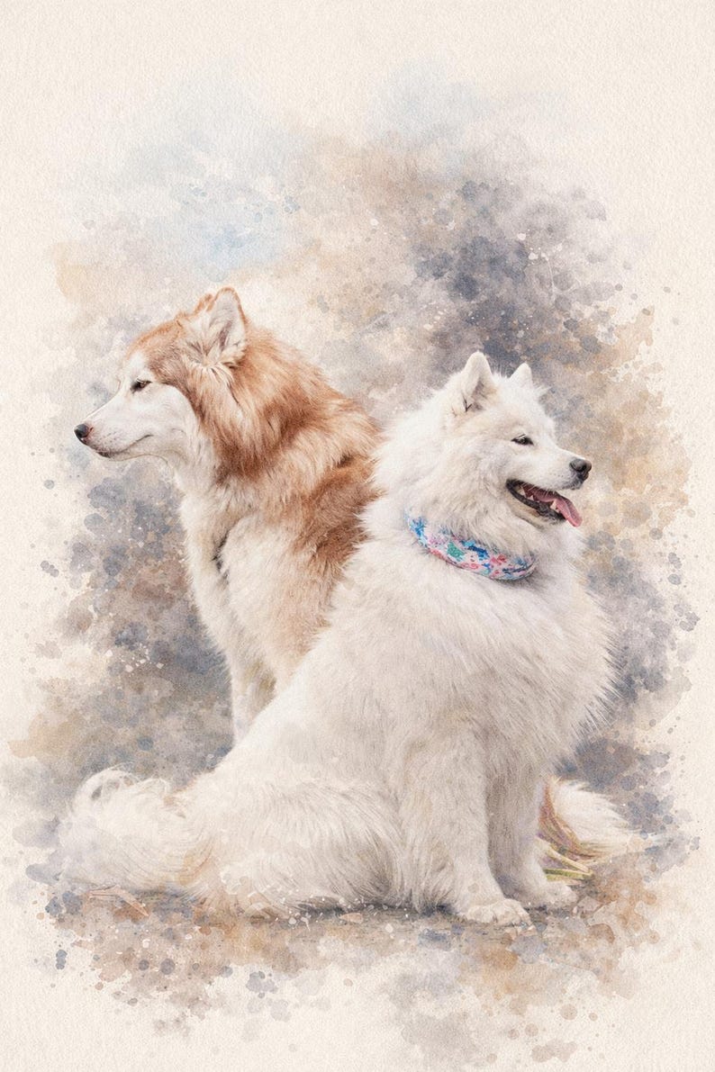 May include: A watercolour painting featuring two dogs. One is a light brown and white husky, the other a white Samoyed wearing a colourful collar. The dogs are positioned side by side, with the husky looking left and the Samoyed looking right.