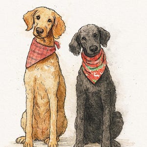 Könnte beinhalten: Aquarellillustration von zwei Hunden, die nebeneinander sitzen. Einer ist goldfarben mit einem roten karierten Halstuch, der andere ist schwarz mit einem rot-grün gemusterten Halstuch. Beide Hunde schauen nach vorne.