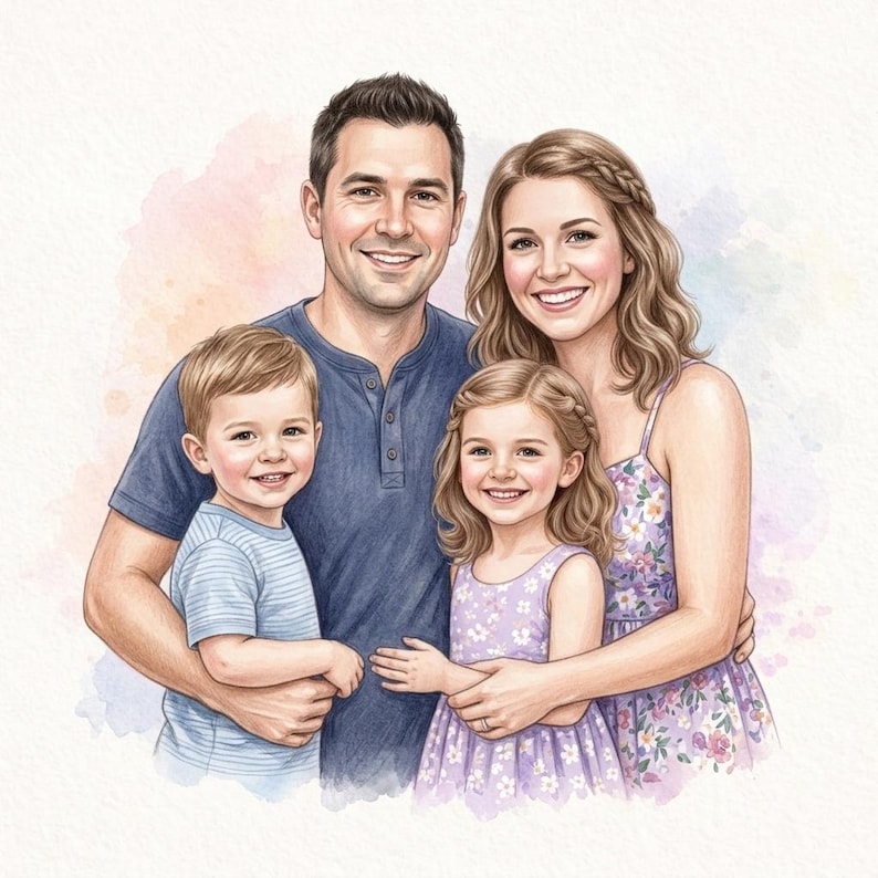 Personalized watercolor family portrait digital illustration featuring smiling couples, parents, children, newborn baby, and extended family in a soft hand-drawn sketch style. The artwork has pastel watercolor washes, delicate pencil details, floral accents, hearts, birds, and a warm emotional family theme, perfect for custom family gifts, anniversary presents, Mother’s Day, Father’s Day, and printable wall art.