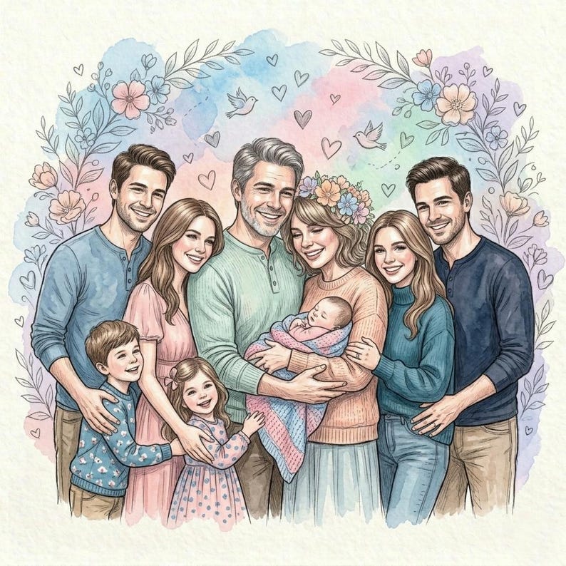 May include: Watercolor illustration of a family portrait. The image features a large family, including parents, children, and a newborn baby. The artwork is surrounded by a floral and heart-shaped border, with soft pastel colors.