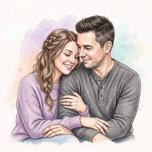 May include: Watercolor illustration of a couple embracing. The woman wears a lavender sweater, and the man is in a gray Henley shirt. They are smiling, with soft watercolor washes in the background.