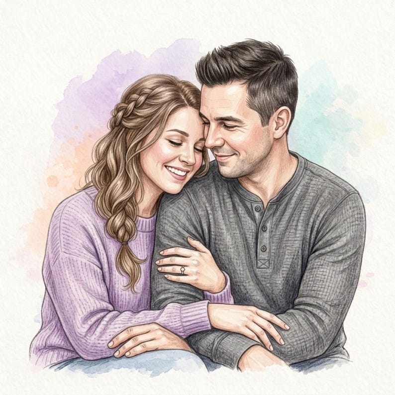 May include: Watercolor illustration of a couple embracing. The woman wears a lavender sweater, and the man is in a gray Henley shirt. They are smiling, with soft watercolor washes in the background.