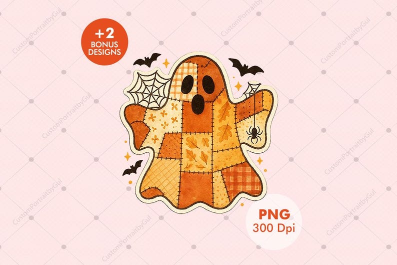 Patchwork Ghost Pattern Patchwork Ghost PNG | Vintage Quilt Ghost With Spider and Bats - Etsy