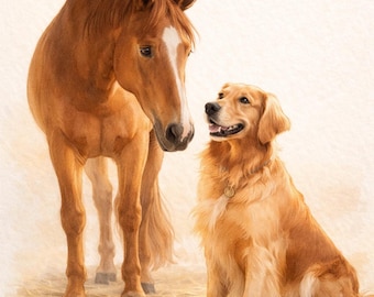 Peut inclure: Peinture à l'aquarelle d'un golden retriever et d'un cheval brun. Le cheval a une liste blanche sur le visage. Le chien est assis et regarde le cheval. L'arrière-plan est de couleur beige clair.