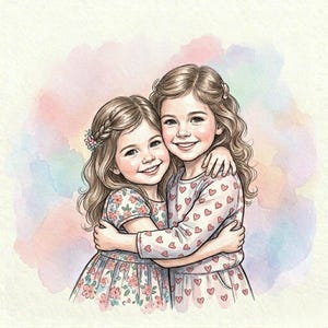 May include: Watercolor illustration of two young girls hugging, smiling, and looking at the viewer. One girl wears a floral dress, the other a heart-patterned top. Soft pastel background with pink, blue, and yellow hues.