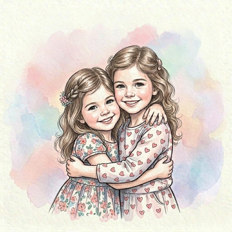 May include: Watercolor illustration of two young girls hugging, smiling, and looking at the viewer. One girl wears a floral dress, the other a heart-patterned top. Soft pastel background with pink, blue, and yellow hues.