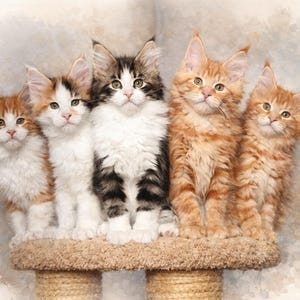 May include: A group of five Maine Coon kittens are perched together on a cat tree. The kittens have a variety of fur colours, including orange, white, and black. They have distinctive pointed ears. The cat tree is covered in a light brown carpet.