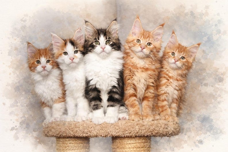 May include: A group of five Maine Coon kittens are perched together on a cat tree. The kittens have a variety of fur colours, including orange, white, and black. They have distinctive pointed ears. The cat tree is covered in a light brown carpet.