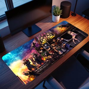 May include: A rectangular mouse mat with a colourful illustration of Kingdom Hearts characters. The design features a vibrant sky and a detailed cityscape. The mat is designed for a computer desk setup.
