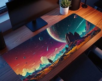 May include: A rectangular desk mat featuring a vibrant space-themed illustration. The design showcases a planet, meteors, and a figure on a colorful landscape. The mat is designed to protect the desk surface and enhance the workspace.