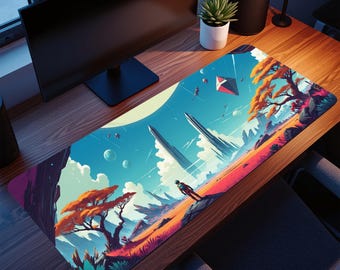 May include: A vibrant desk mat featuring a colorful landscape with a futuristic theme. The design includes a person, geometric shapes, and stylized trees under a blue sky. The mat is rectangular and designed to protect a desk surface.