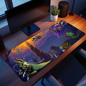 May include: A rectangular gaming mousepad featuring a fantasy battle scene with various characters, including a hooded figure in green and a purple-clad warrior with a scythe. The artwork has a dark, dramatic color palette with shades of purple, blue, and orange.