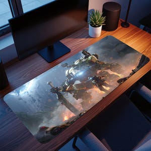 May include: A rectangular gaming mousepad featuring a detailed illustration of a futuristic robot warrior in a battle scene with a sword. The design incorporates shades of green, yellow, and orange, with a blue energy effect.