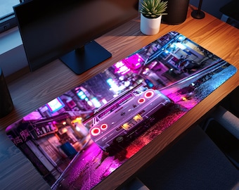 May include: A rectangular mousepad featuring a white sports car with red taillights driving on a wet street at night. The scene is illuminated by neon lights in shades of pink, purple, and blue, creating a vibrant, urban aesthetic.