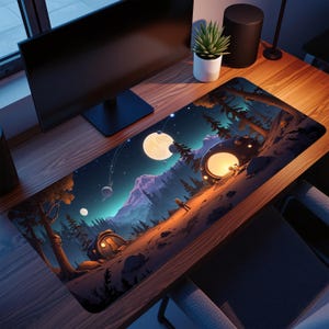 Pode incluir: Tapete de mesa retangular com uma ilustração vibrante de uma paisagem espacial. O design inclui planetas, montanhas, árvores e estruturas futuristas sob um céu estrelado. O tapete foi projetado para proteger a superfície da mesa.