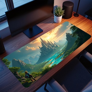 May include: A rectangular desk mat depicting a fantasy landscape with a castle, mountains, and a river. The mat has a vibrant colour palette of blues, greens, and oranges. A figure is seen on a path, looking at the castle.