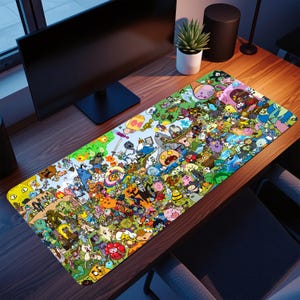 May include: A rectangular desk mat with a colourful cartoon design, featuring numerous characters and creatures. The mat provides a decorative and functional surface for a computer setup, covering a large area of the desk.