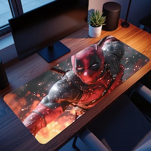 May include: A rectangular mouse pad featuring a dynamic image of Deadpool in his signature red and black suit. The artwork depicts Deadpool in a fighting pose with a fiery background. The mouse pad is designed for computer use.