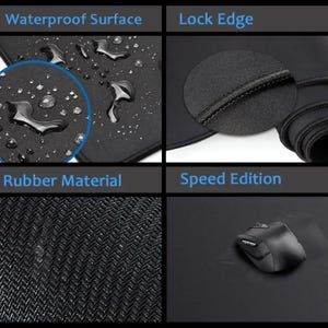 May include: Black mouse mat with a waterproof surface, lock edge, and rubber material. The mat has the words "Waterproof Surface", "Lock Edge", "Rubber Material", and "Speed Edition" printed on it. A black computer mouse is on the mat.