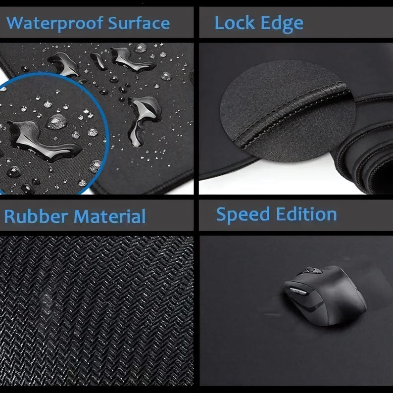 May include: Black mouse mat with a waterproof surface, lock edge, and rubber material. The mat has the words "Waterproof Surface", "Lock Edge", "Rubber Material", and "Speed Edition" printed on it. A black computer mouse is on the mat.