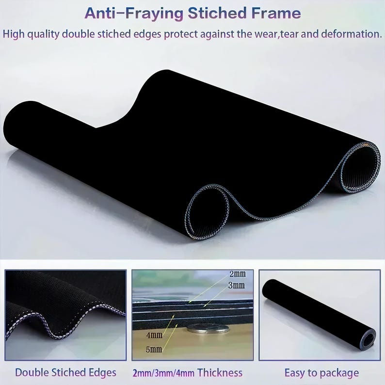 May include: A black mouse mat with double-stitched edges to prevent fraying. The image shows the mat rolled up and close-ups of the edges and thickness, which is 2mm, 3mm, 4mm, and 5mm. The text reads "Anti-Fraying Stitched Frame."