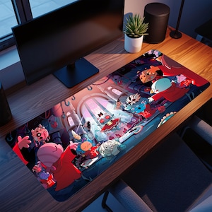 May include: A large, rectangular gaming mousepad featuring a colorful cartoon illustration. The design includes various characters in red, blue, and other vibrant colors, set against a detailed background with architectural elements. The mousepad is placed on a wooden desk.