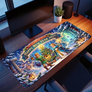 May include: A rectangular desk mat featuring a winter scene with characters Link and Zelda from The Legend of Zelda. The text reads THE LEGEND OF ZELDA HAPPY NEW YEAR 2027. The design includes a decorated Christmas tree, snow-covered trees, lanterns, and a glowing sword in the background, all set against a dark blue night sky.