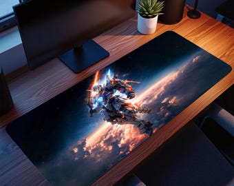May include: A rectangular desk mat featuring a futuristic robot design set against a backdrop of space and clouds. The robot is predominantly white, with blue and orange accents. The mat is designed to protect the desk surface.