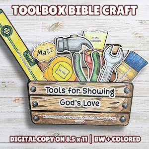 Può includere: Illustrazione colorata di una cassetta degli attrezzi piena di vari strumenti, tra cui un martello, una chiave inglese e un pennello. La cassetta degli attrezzi ha il testo "Tools for Showing God's Love". Il testo aggiuntivo include "Toolbox Bible Craft".