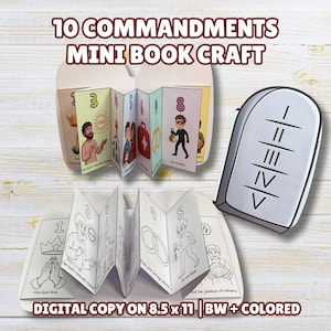 May include: A 10 Commandments mini book craft kit featuring a colored accordion-fold booklet, a black and white coloring version, and a stone tablet cutout. The text reads 10 COMMANDMENTS MINI BOOK CRAFT and DIGITAL COPY ON 8.5 x 11 | BW + COLORED.