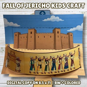 May include: A colorful, pop-up craft kit titled "Fall of Jericho Kids Craft." The scene depicts a fortress with a blue sky and clouds. Figures in robes blow horns, and the text "DIGITAL COPY ON 8.5 x 11 | BW + COLORED" is visible.