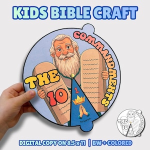 Puede incluir: Ilustración de manualidades bíblicas para niños con Moisés y los Diez Mandamientos. El diseño incluye el texto "KIDS BIBLE CRAFT", "THE 10" y "COMMANDMENTS". Copia digital en papel de 21,59 x 27,94 cm, disponible en blanco y negro y en color.