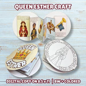 May include: A Queen Esther craft kit featuring a foldable accordion-style booklet with illustrations of Esther, Mordecai, a scroll, a banquet, and a trumpet. Includes a coloured cover with a crown and text, and a black and white colouring page cover.