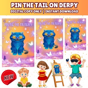 Juego de fiesta &quot;Ponle la cola a Derpy&quot;, actividad imprimible para fiesta de cumpleaños de cazadores de demonios K-Pop, juego infantil con temática K-Pop, decoración para fiesta de Derpy