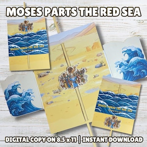 Puede incluir: Varios recortes de papel ilustrados que representan la división del Mar Rojo, con el texto "Moses Parts the Red Sea" y Éxodo 14:21-22. Las ilustraciones muestran personas, animales y olas azules. También se ve el texto "Copia digital en 21,59 cm x 27,94 cm | Descarga instantánea".