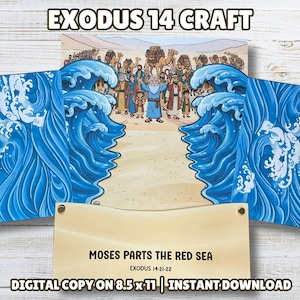 Puede incluir: Un proyecto de manualidades con el texto "EXODUS 14 CRAFT" en la parte superior. La imagen representa a Moisés dividiendo el Mar Rojo, con olas azules a ambos lados. También se ve el texto "MOSES PARTS THE RED SEA" y "DIGITAL COPY ON 8.5 x 11 | INSTANT DOWNLOAD".