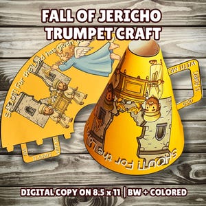 May include: A yellow and tan craft project with the text "FALL OF JERICHO TRUMPET CRAFT". The design includes illustrations of angels, trumpets, and biblical figures. The text "SHOUT! For the Lord has given" is visible.