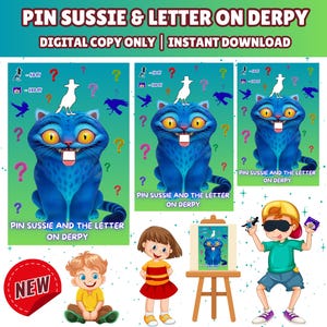 Op de afbeelding: Digitale illustratie van een blauwe kat met een brede grijns, een vogel en vraagtekens. De tekst luidt "PIN SUSSIE & LETTER ON DERPY" en "DIRECT DOWNLOADEN". De afbeelding bevat ook illustraties van kinderen en een "NIEUW"-sticker.