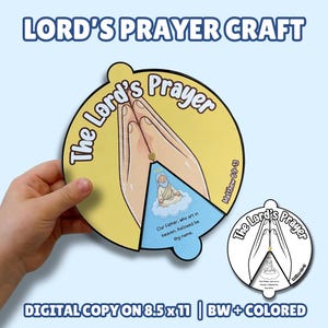 May include: A circular paper craft titled The Lord's Prayer featuring an illustration of praying hands and a small cutout section showing a figure on a cloud. The text includes Matthew 6:9-13 and the phrase Our Father, who art in heaven.