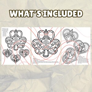 May include: Black and white line art images of shamrocks and hearts with religious text. The text includes the words "Father", "Son", and "Holy Spirit". The words "What's Included" are at the top of the image.