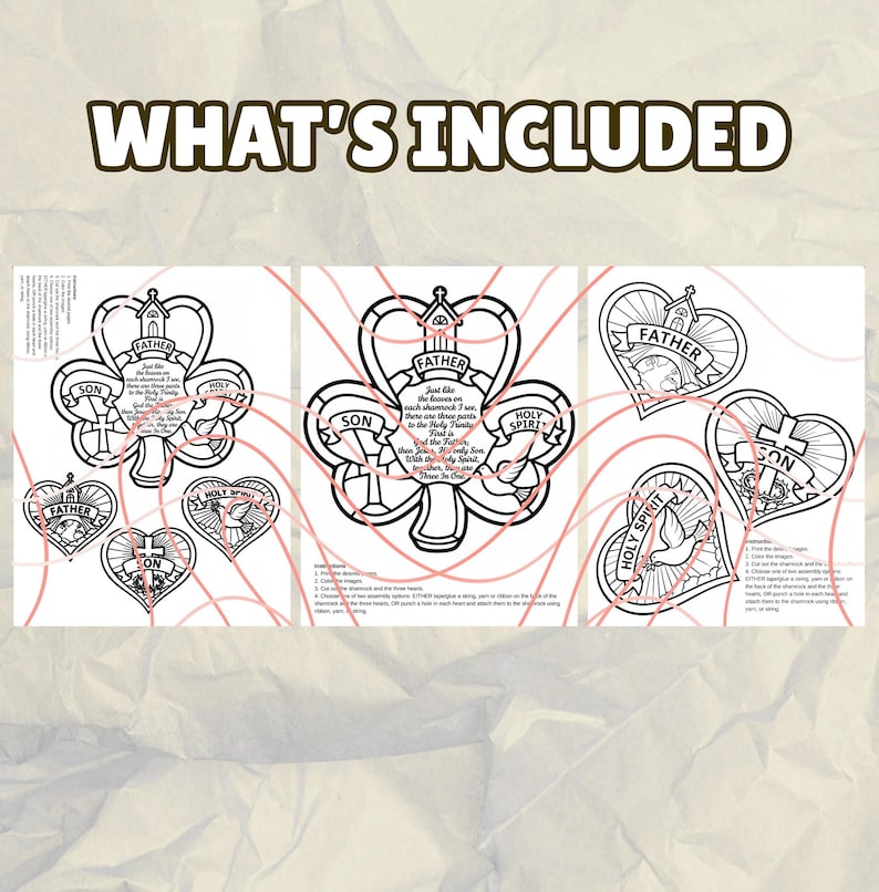 May include: Black and white line art images of shamrocks and hearts with religious text. The text includes the words "Father", "Son", and "Holy Spirit". The words "What's Included" are at the top of the image.