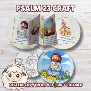 Puede incluir: Un kit de manualidades del Salmo 23 que incluye un folleto plegable en acordeón con ilustraciones coloridas de un pastor y ovejas, una página para colorear en blanco y negro y un gráfico circular a color. El texto incluye versículos del Salmo 23.
