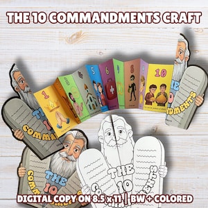 May include: A colorful craft project titled "THE 10 COMMANDMENTS CRAFT" featuring a pop-up book with illustrations for each commandment. The image includes figures holding stone tablets and the text "DIGITAL COPY ON 8.5 x 11 | BW + COLORED".